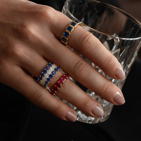 Royal Blue Emerald-Cut 14K (18k) Yellow Gold Sapphire Eternity Band Ring - Picture 2 of 6